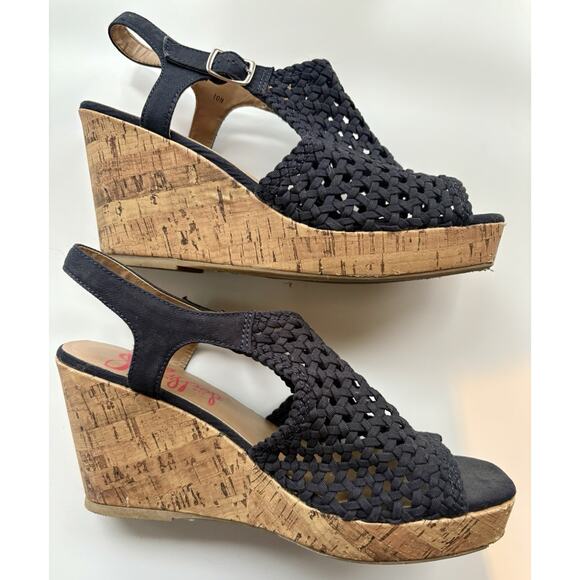 JellyPop Wedge Sandals Adelie Navy Blue Size 10 Slingback Crochet Open Toe Cork - Picture 1 of 6